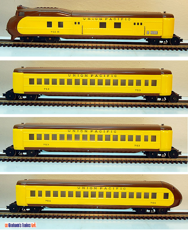 Lionel 751E M10000 Union Pacific Streamlined 4-Unit Passenger Set:  752E, 753, 753, 754 Pre-War